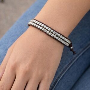 Brown Faux Leather Wrap Bracelet Silver Beads